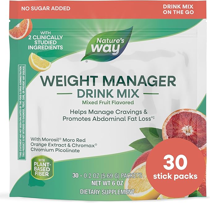 Nature's Way Weight Manager Drink Mix Packets, Supports Craving Management & Abdominal Fat Loss*(1), with Clinically Studied Ingredients, Plant-Based Fiber, No Sugar, Mixed Fruit Flavored, 30 Packets