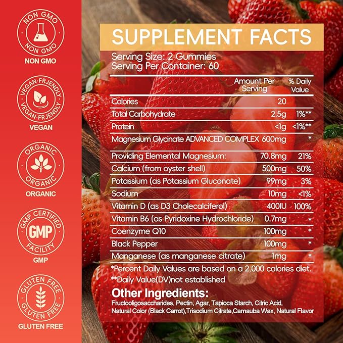 Magnesium Glycinate Gummies 600mg, Chewable Sugar Free Potassium Magnesium Gummies with Magnesium Glycinate, Vitamin D, B6 and CoQ10 for Sleep, Relaxation, Brain and Muscle, 60 Days Supply