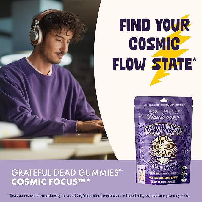Host Defense Cosmic Focus Grateful Dead Gummies - Mushroom Gummies with Lion’s Mane, B12 & Niacin - Supports Focus, Memory, Brain Function & Mental Energy (30 Servings)