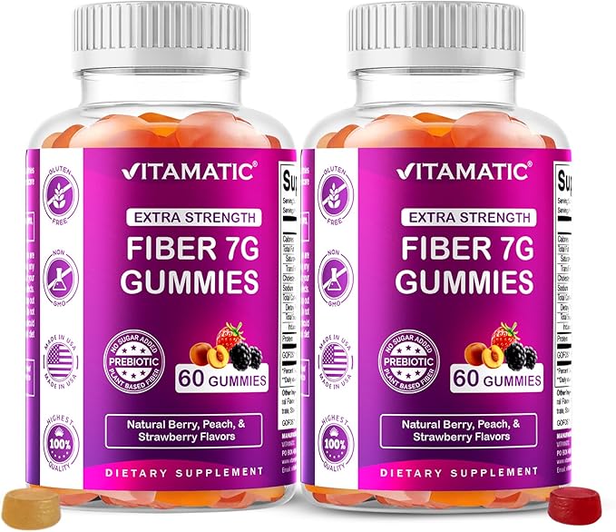 Vitamatic Prebiotic Fiber Gummies for Digestive Health & Regularity, Extra Strength, 7g Fiber per Serving, Zero Sugar Added, Made in USA, 60 Count (2 Pack)
