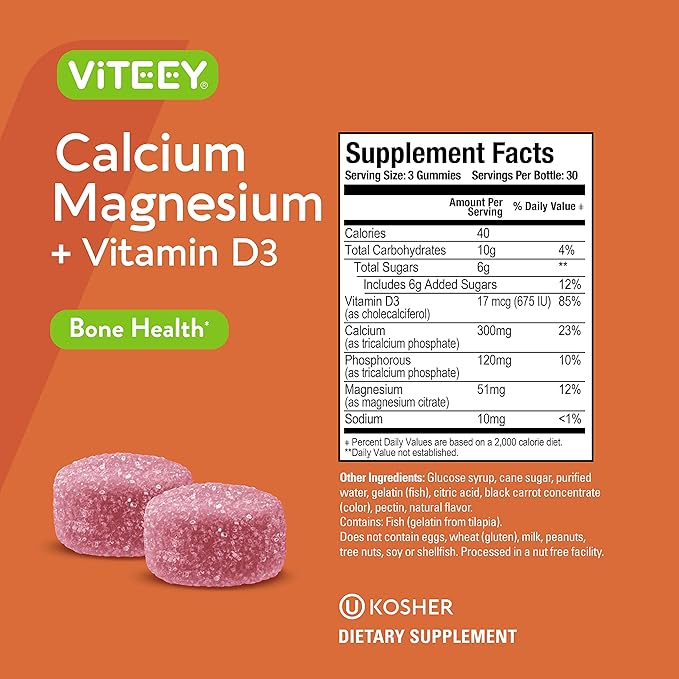 Viteey Calcium Gummies with Vitamin D3 and Magnesium Supplement for Bone Health - Chewable Calcium Supplements for Women & Men - Gluten-Free, Non-GMO - 90 Count