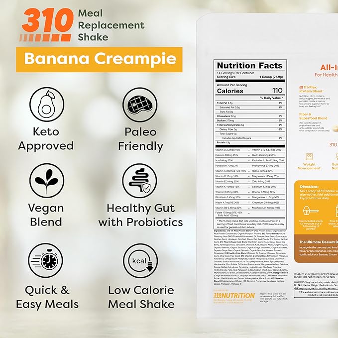 310 Nutrition All-in-One Plant-Based Meal Replacement Shake - High-Fiber Protein with Probiotics, Digestive Enzymes & Adaptogens - Vegan, Low Carb, Keto-Friendly Superfood Blend - Banana Cream Pie - 14 Servings