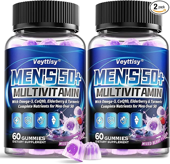Sugar Free Multivitamin Gummies for Men 50 Plus - Methylated Multivitamin with Omega-3, CoQ10, Elderberry & Turmeric for Energy, Immune, Gut, Health Support - Vegan, Non-GMO, Gluten-Free