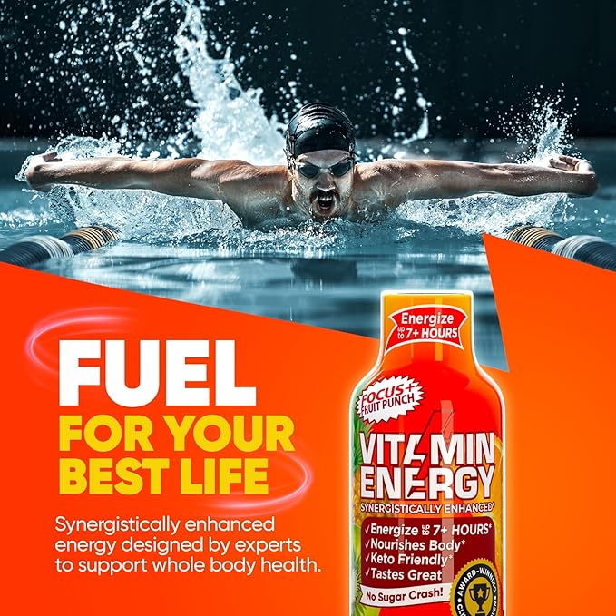 Vitamin Energy Focus+ Extra Strength Energy Shot Fruit Punch 48 Pack, 260mg Natural Caffeine, B-Vitamins, CoQ10, Amino Acids, Focus, Productivity & Clarity, Zero Sugar, Gluten-Free, 1.93 fl oz