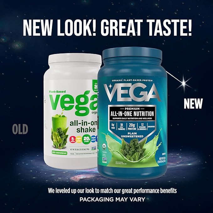 Vega All in One Nutrition Organic - 20g Plant-Based Pea Protein, Unsweetened, 20 Servings, Vitamins A & C, Probiotics, Greens, Vegan, Keto, Gluten Free, 26.9oz (Packaging May Vary)