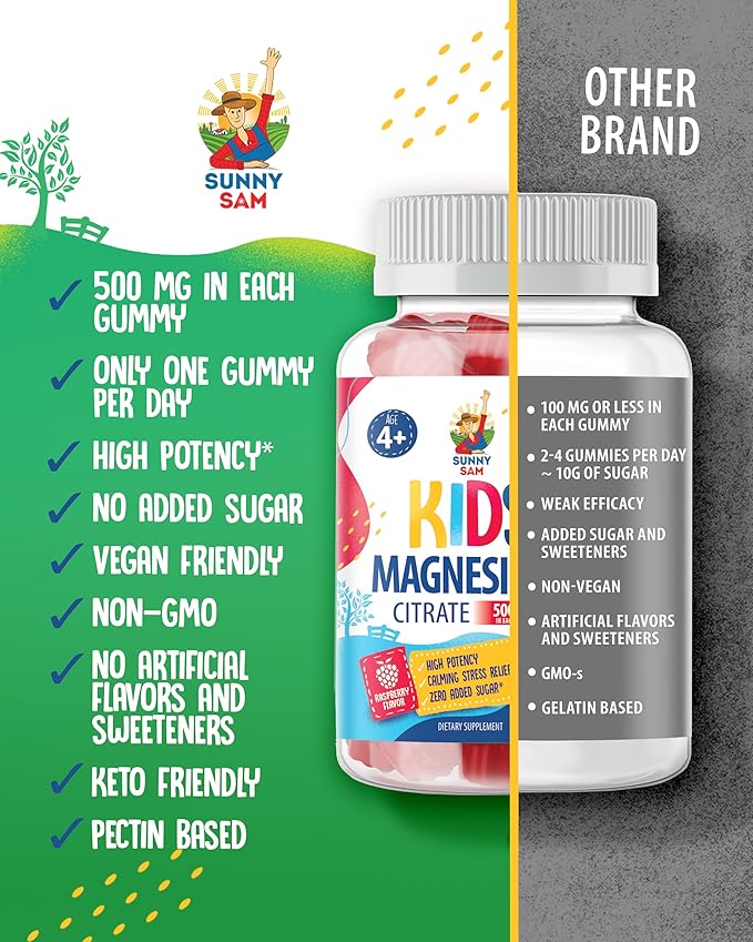 Sugar-Free Magnesium Gummies for Kids & Teens - 500mg Calm Magnesium Citrate - Chewable Magnesium Gummy Supplement for Sleep, Mood & Muscle Support - Citrato de Magnesio para Niños - 30 Days Supply