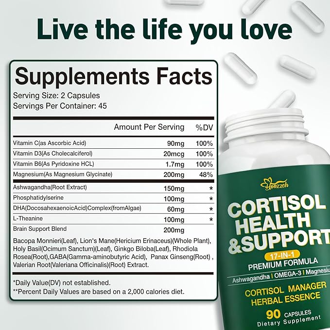 Cortisol Supplements for Women & Men, Cortisol Reducer with Magnesium, Ashwagandha & L-Theanine, Cortisol Manager for Sleep Support & Stress Relief, Cortisol Detox, Lower and Control 90 Capsules