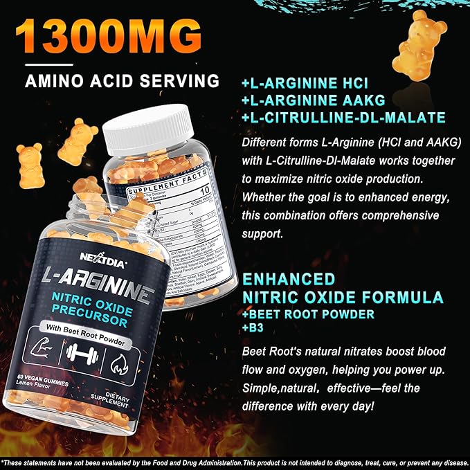 Nextdia Sugar Free L Arginine Nitric Oxide Gummies 1300mg for Men & Women with L Citrulline, Beet Root, B3 | L Arginine L Citrulline Supplements | Vegan, 60 Counts