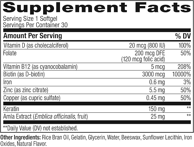 OLLY Ultra Strength Hair Softgels,Supports Hair Health,Biotin,Keratin,Vitamin D,B12,Hair-Supplement,30 Day Supply - (Packaging May Vary),30 Count (Pack of 2)