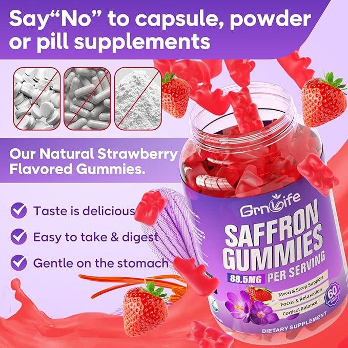 2 Pack Saffron Gummies for Kids & Adults, 10-in-1 Cortisol Supplement with Saffron 88.5mg, Vitamin D3, B6, Magnesium, Zinc, Ashwagandha, L-Theanine, St. John's Wort, for Emotions, Zzz, 120 Count