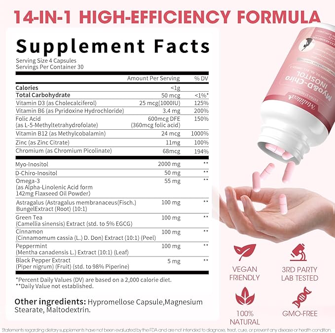 Mulittea Myo-Inositol & D-Chiro Supplement for Women - 14-in-1 Liposomal Inositol with Folic Acid,Omega-3 & Multivitamin for Hormone Balance,Support Ovarian,Skin & Mood- 40:1 Vegan 120 Capsules