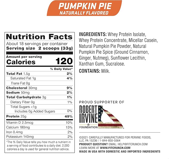 Fit Crunch Tri-Blend Whey Protein, Keto Friendly, Low Calories, High Protein, Gluten Free, Soy Free (18 Servings, Pumpkin Pie)