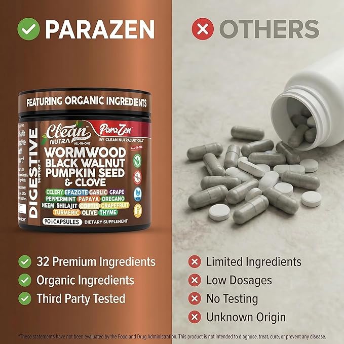 Clean Nutra Wormwood Black Walnut Pumpkin Seed Clove Oil Celery Garlic Grape Papaya Neem Diatomaceous Earth Womens Probiotic Gut Health Cleanse Detox Oregano Olive Turmeric Supplement Vegan Capsules