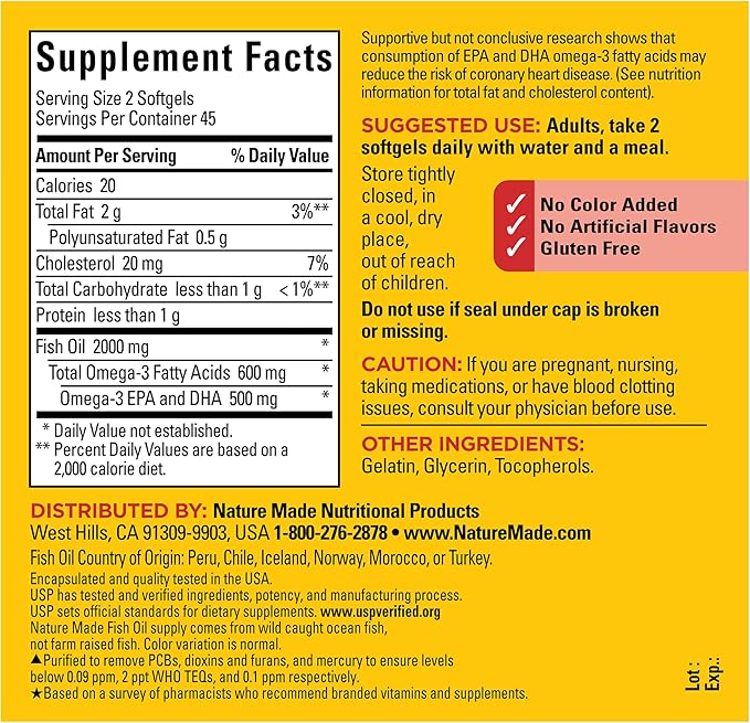 Nature Made Fish Oil Omega 3 Supplements, 1000 mg Softgels, Omega 3 Fish Oil for Healthy Heart Support, 90 Softgels, 45 Day Supply