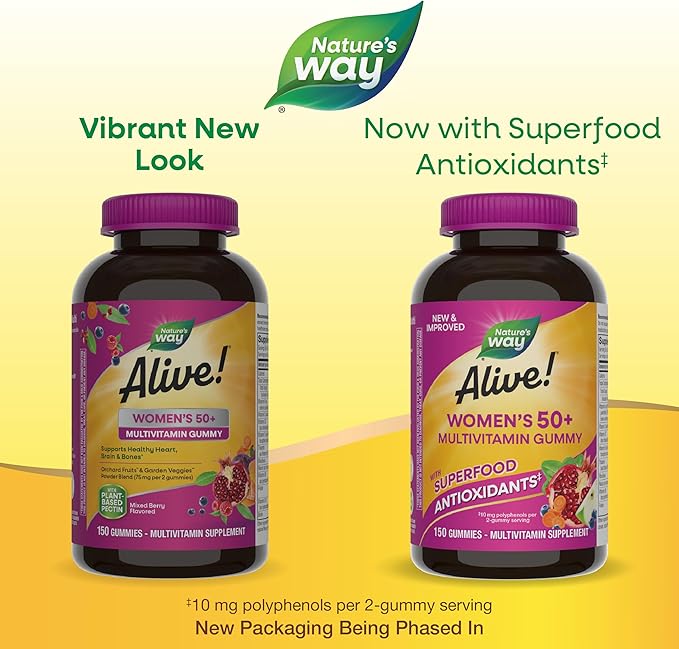 Nature's Way Alive! Women's 50+ Daily Gummy Multivitamins, Women's Supplements, Supports Healthy Heart, Brain & Bones,* B-Vitamins, Mixed Berry Flavored, 150 Gummies (Packaging May Vary), (Pack of 2)