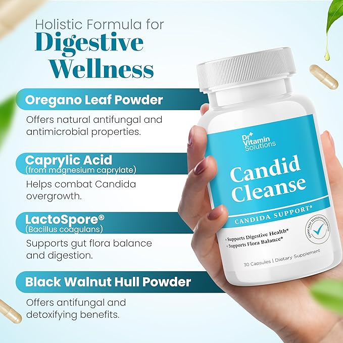 Candid Cleanse Supplement with GLP-1 Support - Oregano Leaf, Caprylic Acid & LactoSpore | Candida Support Pills for Digestive Health | Candida Cleanse Detox for Women & Men | 30