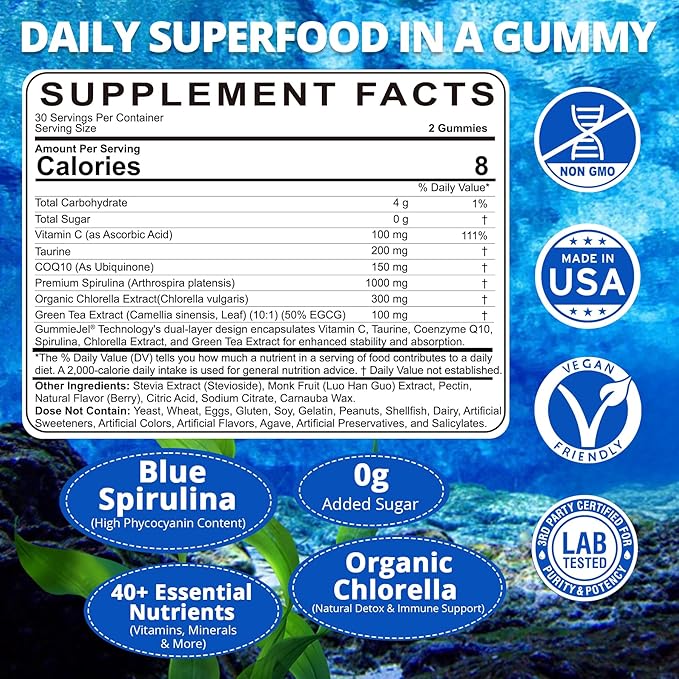 Organic Blue Spirulina Gummies, High Phycocyanin from Nutrient-Rich Blue-Green Algae for Antioxidants, Cellular Energy & Cleanse, Superfood w/Chlorella, CoQ10 & VC,Taurine,Green Tea, Sugar Free, 60 Ct