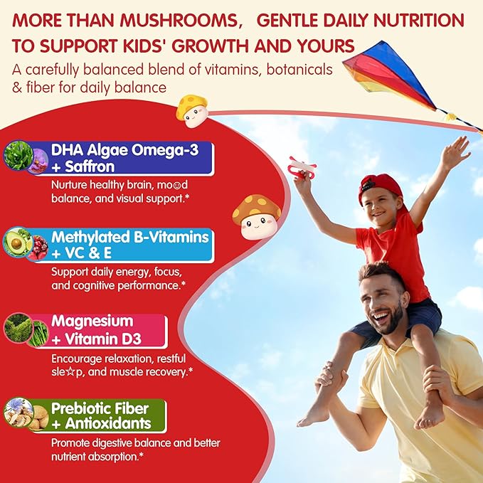 Kids, Teens & Adults Focus Gummies - Lions Mane Mushroom + Saffron + Algae Omega-3, 24-IN-1 Attention Supplement with Chaga, Magnesium, Methylated B12, B6 for Brain, Memory, Energy, Sugar Free, 60Cts