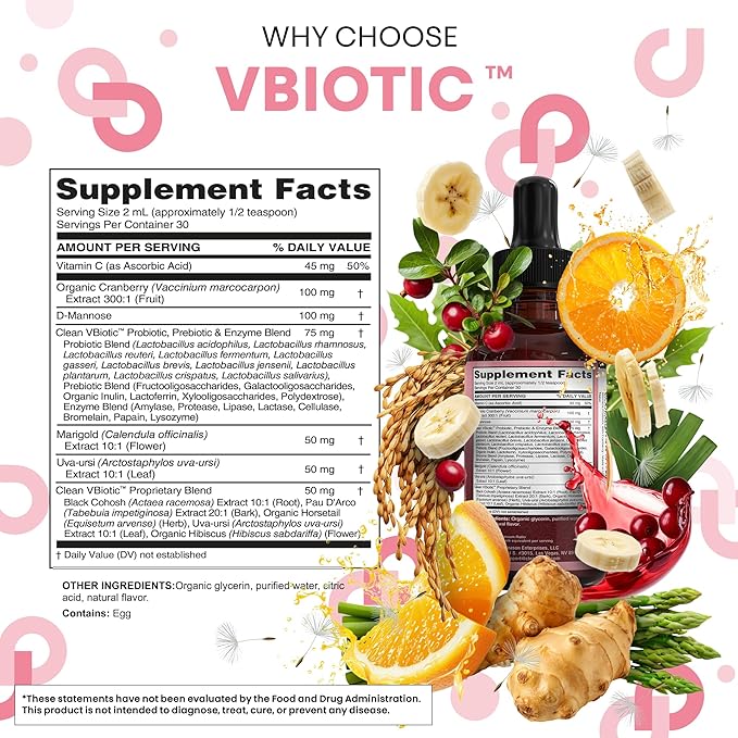 VBiotic Vaginal Probiotic for Women Liquid Drops | Womens Probiotics | Cranberry Uva Ursi Horsetail D-Mannose Prebiotics Marigold & Black Cohosh Vaginal Health Supplement | pH Balance | By Clean Nutra