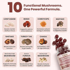 Clear Mushroom Gummies, Lions Mane, Reishi, Cordyceps, Chaga 10:1 Extract (Raspberry Flavor) - 2500mg 10 Mushroom Focus Gummies for Brain Health, Memory, Calm Energy, 3rd Party Tested