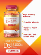 Carlyle Vitamin D3 Gummies | 5000 IU (125 mcg) | 90 Count | High Potency for Adults | Peach Flavor | Vegetarian, Non-GMO, Gluten Free Supplement