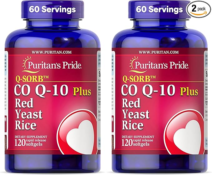 Puritan's Pride Q-Sorb™ Coenzyme CoQ10 Dietary Supplement for Heart Health, Oral Gum Health & Healthy Aging Support, Plus Red Yeast Rice for Improved Digestion, 120 Rapid Release Softgels,(Pack of 2)