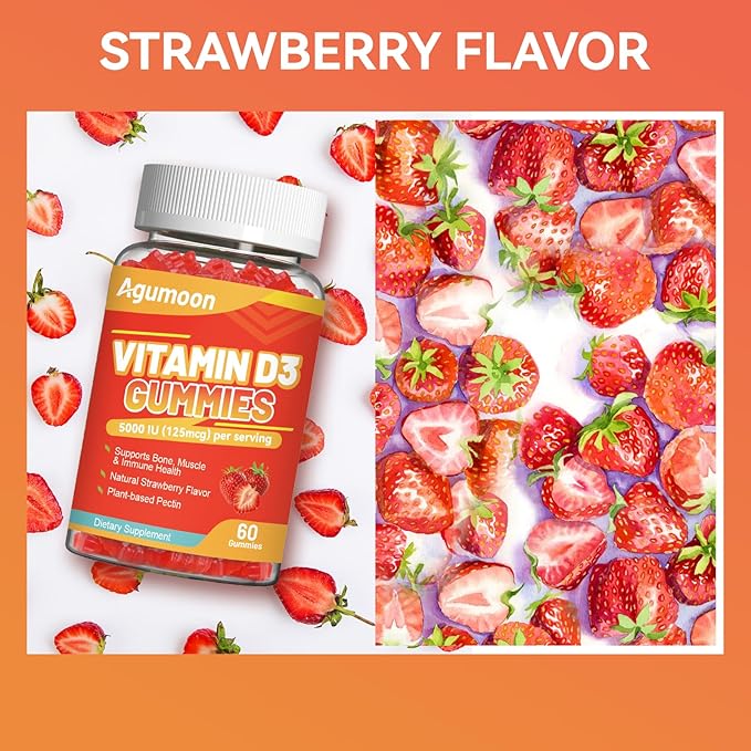 2 Pack Vitamin D3 5000 IU 125mcg Gummies - Vitamin D Gummies for Adults, Support Immune, Bone, Muscle Health - Non-GMO, Gluten-Free, Dairy-Free, No Gelatin, 120 Count, Strawberry Flavor