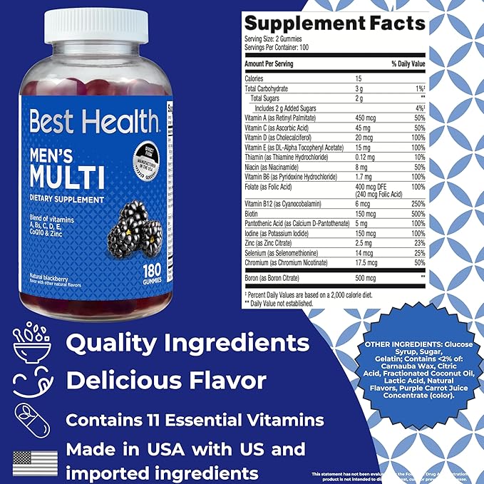 Men’s Multivitamin Gummies, Men’s Multivitamin Gummies with CoQ10, Vitamins A, C, Zinc & More, Natural BlackBerry Flavor with Other Natural Flavors (180ct)