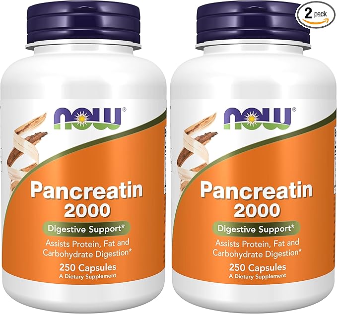 NOW Foods Supplements,Pancreatin 2000 with Naturally Occurring Protease (Protein Digesting),Amylase (Carbohydrate Digesting),and Lipase (Fat-Digesting) Enzymes,250 Capsules,(Pack of 2)