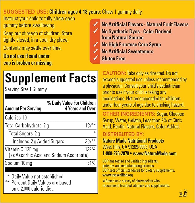 Nature Made Kids First Vitamin C Gummies for Kids, Dietary Supplement for Immune Support, 110 Gummies, 110 Day Supply