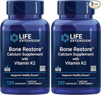 Life Extension Bone Restore with Vitamin K2 – Bone Health Supplement for Strong Bones – 3 Types of Absorbable Calcium, Vitamins D3 and K2, Minerals – Gluten-Free, Non-GMO – 120 Capsules (Pack of 2)