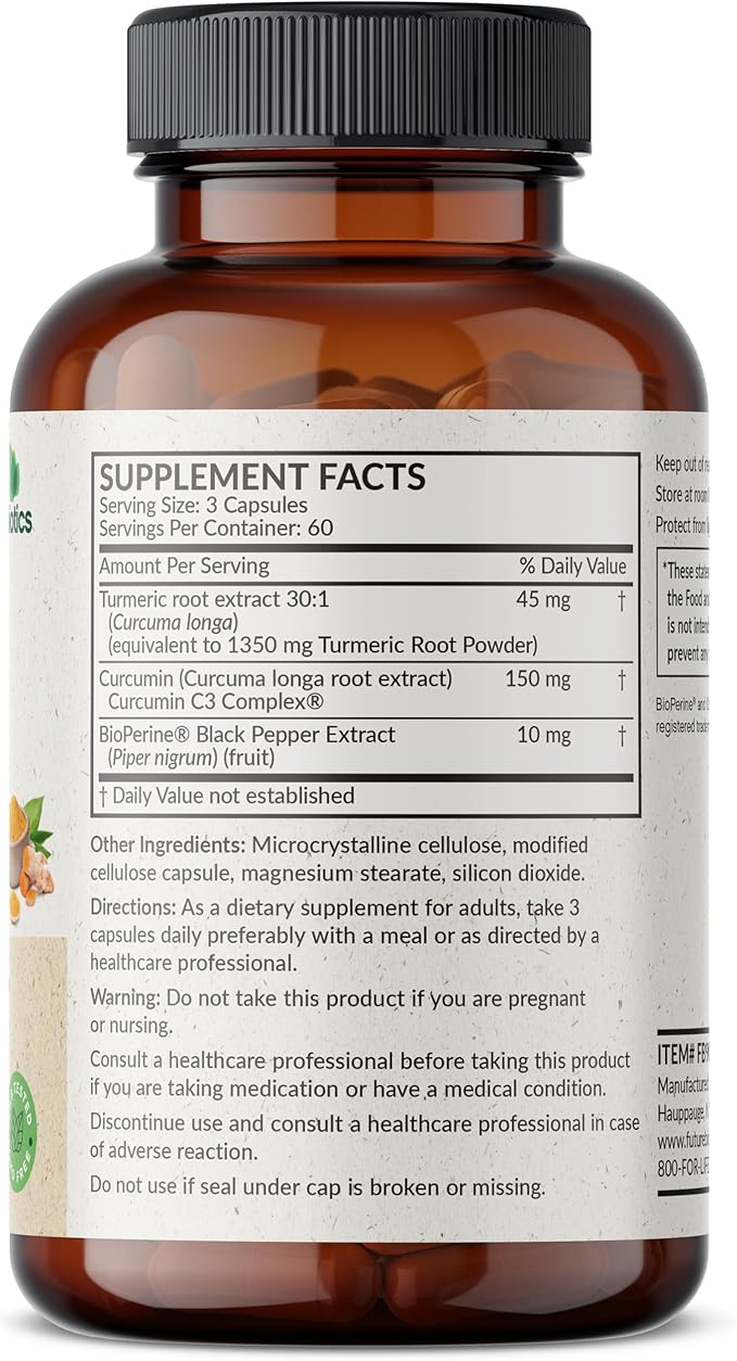 Futurebiotics Turmeric + Curcumin, Antioxidant, Joint & Digestion Support with BioPerine for Enhanced Nutrient Absorption, Non-GMO, 180 Vegetarian Capsules