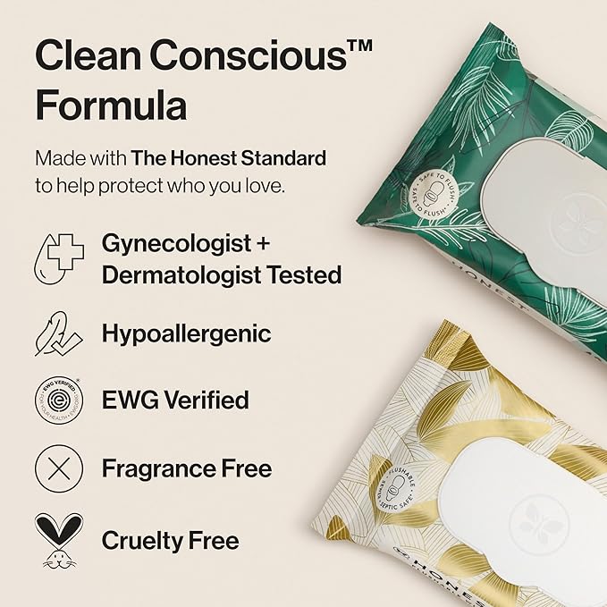 The Honest Company Hypoallergenic Flushable Wipes for Sensitive Skin, Tropical Leaves, 126 Count