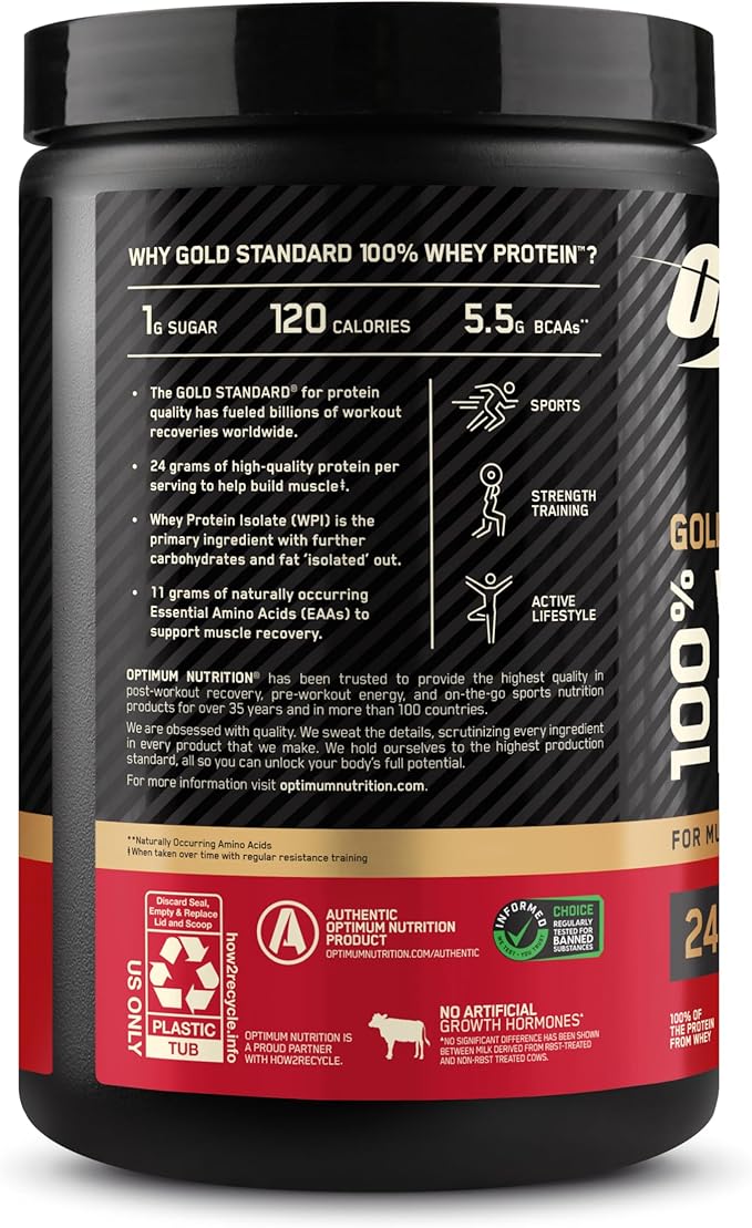 Optimum Nutrition Gold Standard 100% Whey Protein Powder, Vanilla Ice Cream, 1 Pound (Pack of 1)