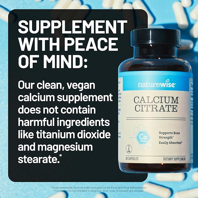 NatureWise Calcium Citrate 500mg Capsules - Supplement for Bone Health - Easy to Digest & Absorb - Vegan, Non-GMO, Gluten-Free - 180 Count[60-Day Supply]