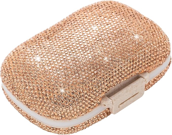 Cute Pill Organizer Small Bling Pill Case for Purse Medicine Vitamin Container Holder Daily Pill Box Container for Women Travel Medicine Kit(Peach)
