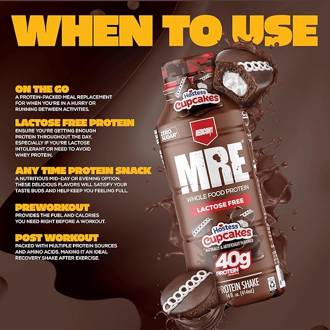 REDCON1 MRE Ready to Drink Protein Shakes Hostess™, Cupcakes - Lactose Free RTD Protein Made with Real Whole Food Protein Blends - Easy to Digest Nutritional Shake (12 Pack)