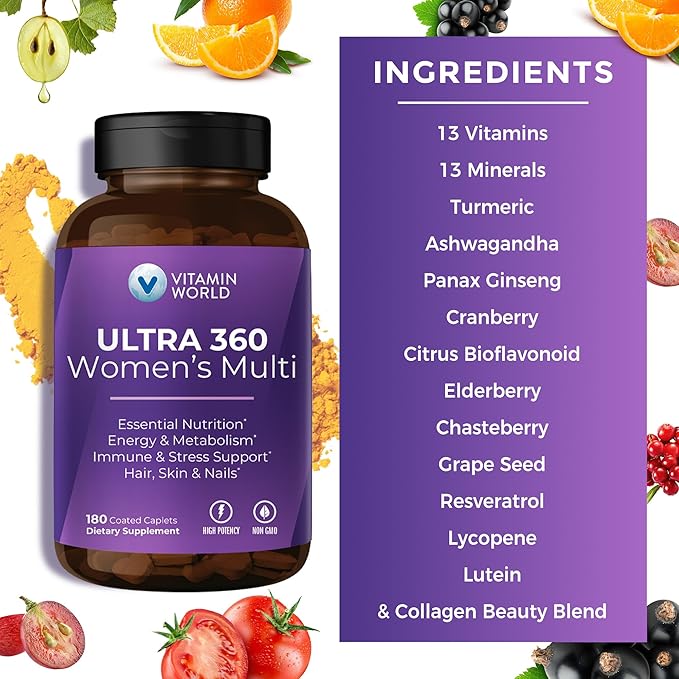 Vitamin World Ultra 360 Multivitamin for Women, Women's Multivitamin with Herbs & Collagen for Hair, Skin & Nails, Supplement with Iron, Vitamin A, B, C, D, E for Energy & Immune Support, 180 Caplets