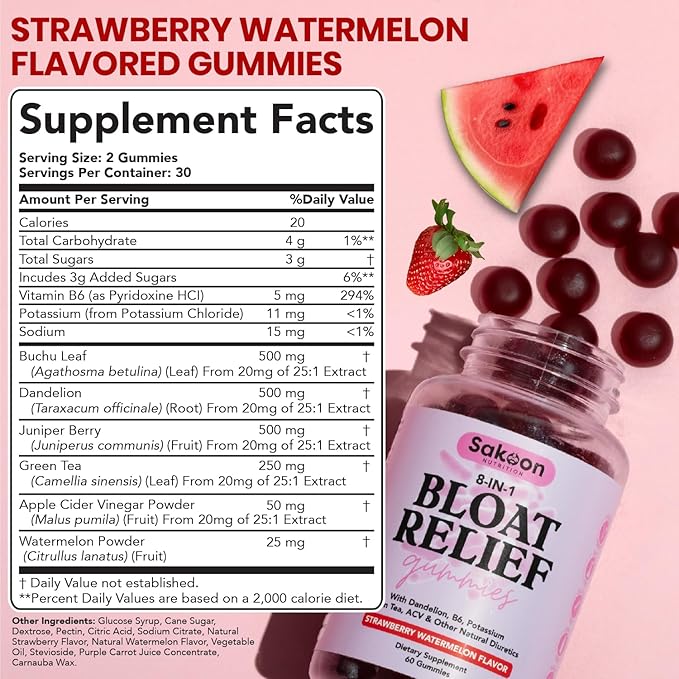 Sakoon nutrition Bloating Relief Gummies for Women - Green Tea, ACV, Dandelion, Buchu Leaf, Natural Digestion Support, 60 Gummies, Watermelon Flavor