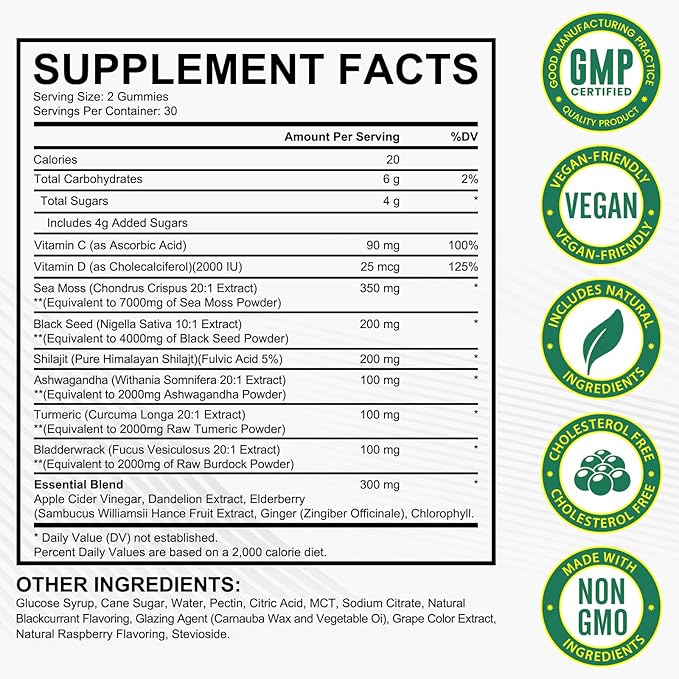 Sea Moss Gummies,with Elderberry Black Seed Oil,Ashwagandha&Ginger,Natural Irish Sea Moss for Immunity & Energy Supplement for Women,Men,Extra Strength,Great Tasting (1 Pack)