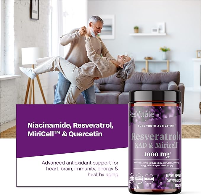 ResVitále Resveratrol + NAD & Miricell 1000 mg - Advanced Antioxidant Support for Brain, Heart, Energy & More - 30 Veggie Capsules (30 Servings)