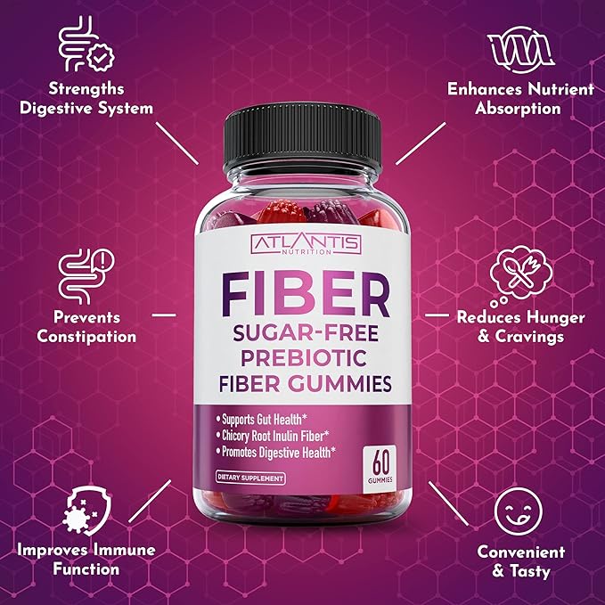 Atlantis Nutrition Sugar Free Fiber Gummies for Adults - 5G Fiber Supplement Formulated with 5.4G Prebiotic Digestive Blend/Serving - Supports Gut Health & Healthy Digestion - 2-Pack 120 Gummies