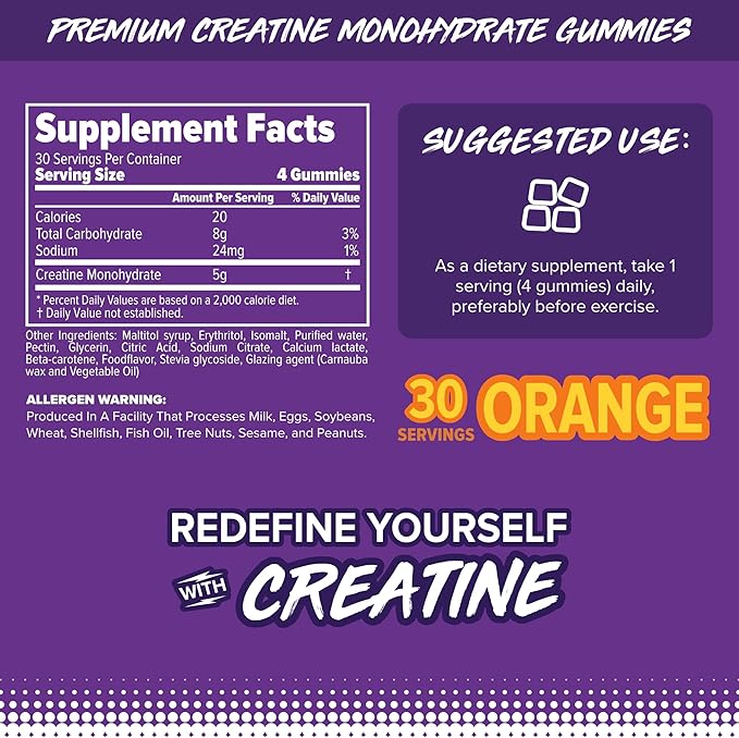 FINAFLEX Creatine Gummies - 120 Gummies - Orange Flavor - Promotes Muscular Strength, Size & Performance - 5g of Creatine Monohydrate Per Serving - 30 Servings