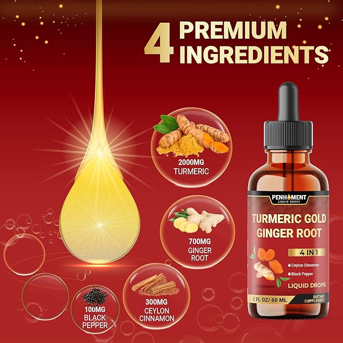 4 in 1 Liquid Turmeric Curcumin Drops Ginger Ceylon Cinnamon and Black Pepper - 2FL oz - 60 Servings