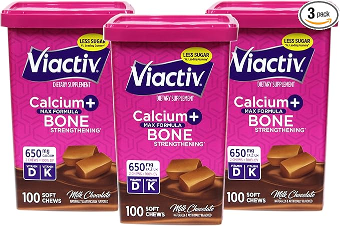 Viactiv Max Formula Calcium +Vitamin D3 Supplement for Bone Health Milk Chocolate, 100 Soft Chews - 3 Pack
