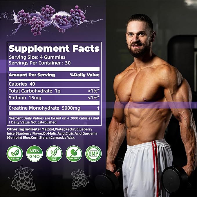 Nutravita Creatine Monohydrate Gummies for Men & Women-5g of Creatine Monohydrate per Serving - Sugar Free,Vegan, Grapes Flavor, 120 Count