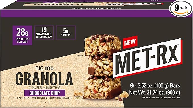MET-Rx Big 100 Granola Protein Bar, Meal Replacement Bar, 28 G Protein, Chocolate Chip, Pack of 9