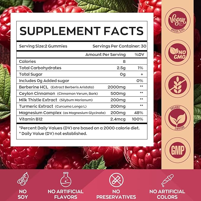Berberine Gummies 2000mg-Natural High Potency Berberine HCL Supplement - Immune System & Metabolism Support - Vegan, Non-GMO - Delicious Raspberry Flavor (60 Count（Pack of 1）)