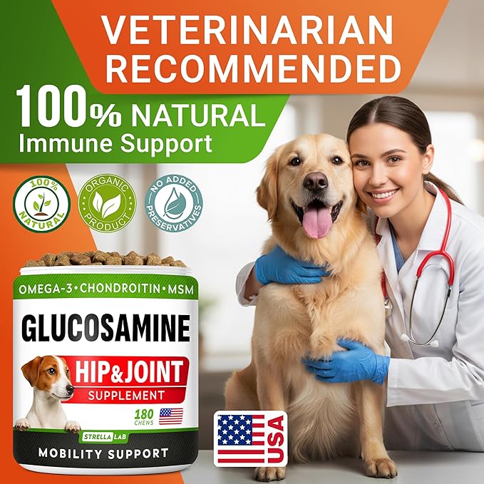 Glucosamine for Large Dogs - Joint Supplement Large Breed w/ Omega-3 Fish Oil - Chondroitin, MSM - Advanced Mobility Chews - Joint Pain Relief - Hip & Joint Care - Chicken Flavor - 360Ct - Made in USA