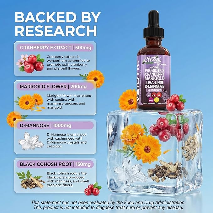 VBiotic Vaginal Probiotic for Women Liquid Drops | Womens Probiotics | Cranberry Uva Ursi Horsetail D-Mannose Prebiotics Marigold & Black Cohosh Vaginal Health Supplement | pH Balance | By Clean Nutra